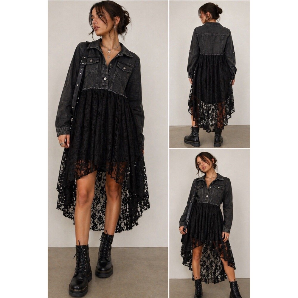 Origami Jacket Duster Lace Hi Low Mixed Media Boho Grunge Festival Style Sz S/M